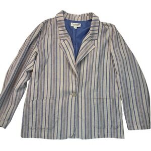 Womens Linen Blend Striped Blazer Medium Blue Tan Lightweight Coastal Minimalist